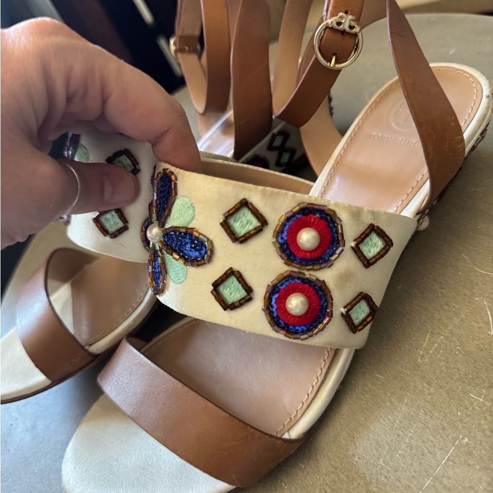 Tory Burch Brown and Cream Embellished Sandals
